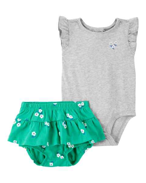 Carter's 2pc Baby Girl Grey Bodysuit & Green Floral Diaper Cover Set