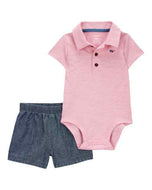 Carter's 2pc Baby Boy Pink Polo Bodysuit & Chambray Shorts Set