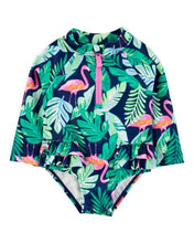 Load image into Gallery viewer, Carter&#39;s 1pc Baby Girl Flamingo Rashguard Swimsuit
