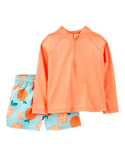 Load image into Gallery viewer, Carter&#39;s 2pc Baby Boy Orange Rashguard Orange Fruit Shorts Swim Set
