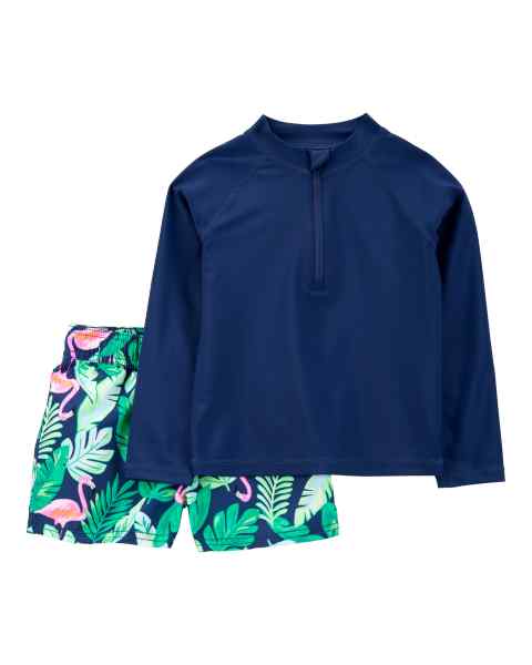 Carter's 2pc Baby Boy Navy Rashguard Flamingo Shorts Swim Set