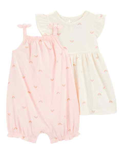Carter's 2pc Baby Girl Rainbow Pink Romper/ Ivory Dress Set