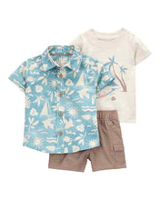 Afbeelding in Gallery-weergave laden, Carter&#39;s 3pc Baby Boy Beach Print Shirt, Beige Tee and Brown Cargo Shorts Set
