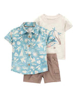 Carter's 3pc Baby Boy Beach Print Shirt, Beige Tee and Brown Cargo Shorts Set