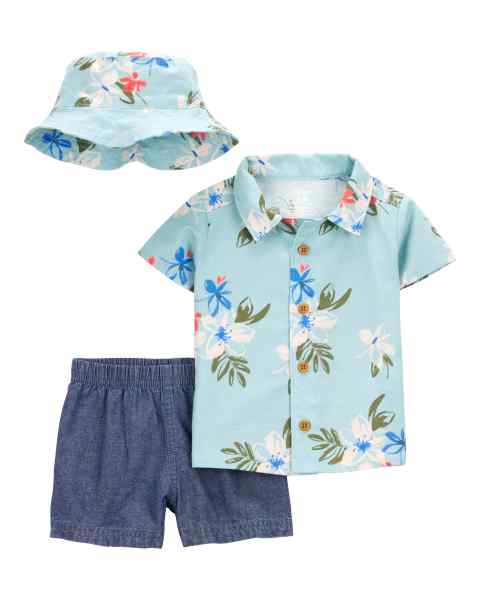 Carter's 3pc Baby Boy Blue Floral Shirt, Bucket Hat and Shorts Set