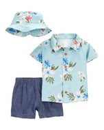 Carter's 3pc Baby Boy Blue Floral Shirt, Bucket Hat and Shorts Set