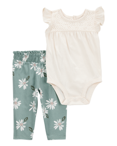 Carter's 2pc Baby Girl Ivory Bodysuit & Green Floral Pants Set
