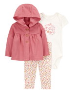 Carter's 3pc Baby Girl Pink Floral Bodysuit, Cardigan and Pants Set