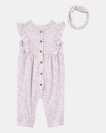 Carter's 2pc Baby Girl Purple Floral Jumpsuit With Headband Set