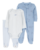 Carter's 3pc Baby Boy Blue Dog Coverall, Striped Bodysuit and Blue Pants Set