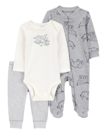Carter's 3pc Baby Boy Grey Elephant Coverall, White Bodysuit and Striped Pants Set
