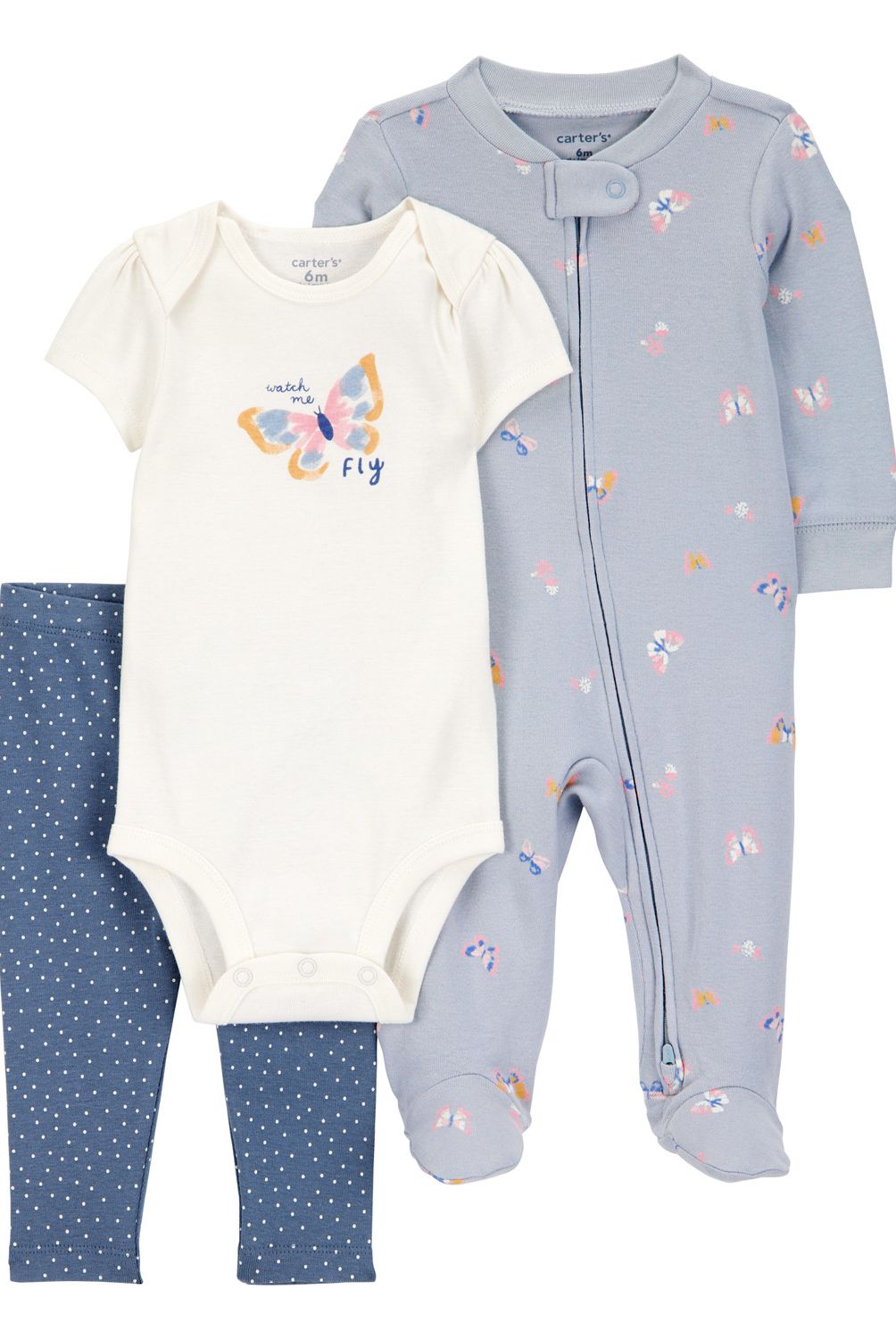 Carter's 3pc Baby Girl Blue Butterflies Coverall, White Bodysuit and Blue Dot Pants Set