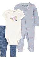 Carter's 3pc Baby Girl Blue Butterflies Coverall, White Bodysuit and Blue Dot Pants Set