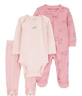 Carter's 3pc Baby Girl Pink Dogs Coverall, Pink Bodysuit and Pink Pants Set