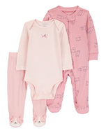 Carter's 3pc Baby Girl Bodysuit, 2-Way Zip-Up Coverall and Pants Set