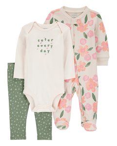 Carter's 3pc Baby Girl Floral Coverall, Ivory Bodysuit and Green Floral Pants Set