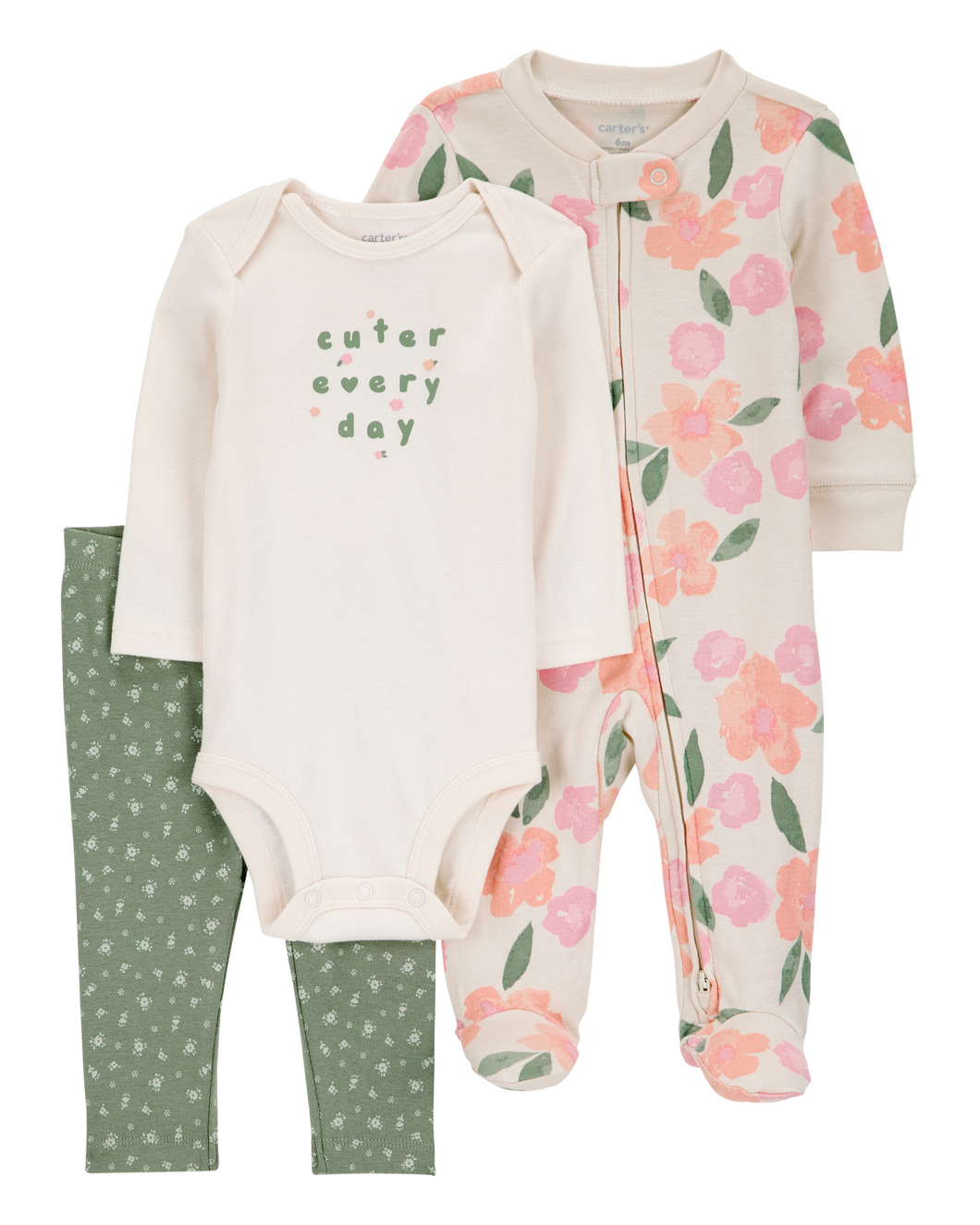 Carter's 3pc Baby Girl Floral Coverall, Ivory Bodysuit and Green Floral Pants Set