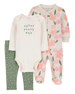 Carter's 3pc Baby Girl Floral Coverall, Ivory Bodysuit and Green Floral Pants Set