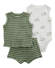 Afbeelding in Gallery-weergave laden, Carter&#39;s 3pc Baby Boy Green Tank, Grey Bodysuit and Green Shorts Set

