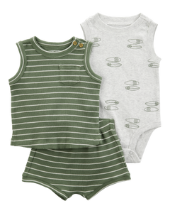 Carter's 3pc Baby Boy Green Tank, Grey Bodysuit and Green Shorts Set