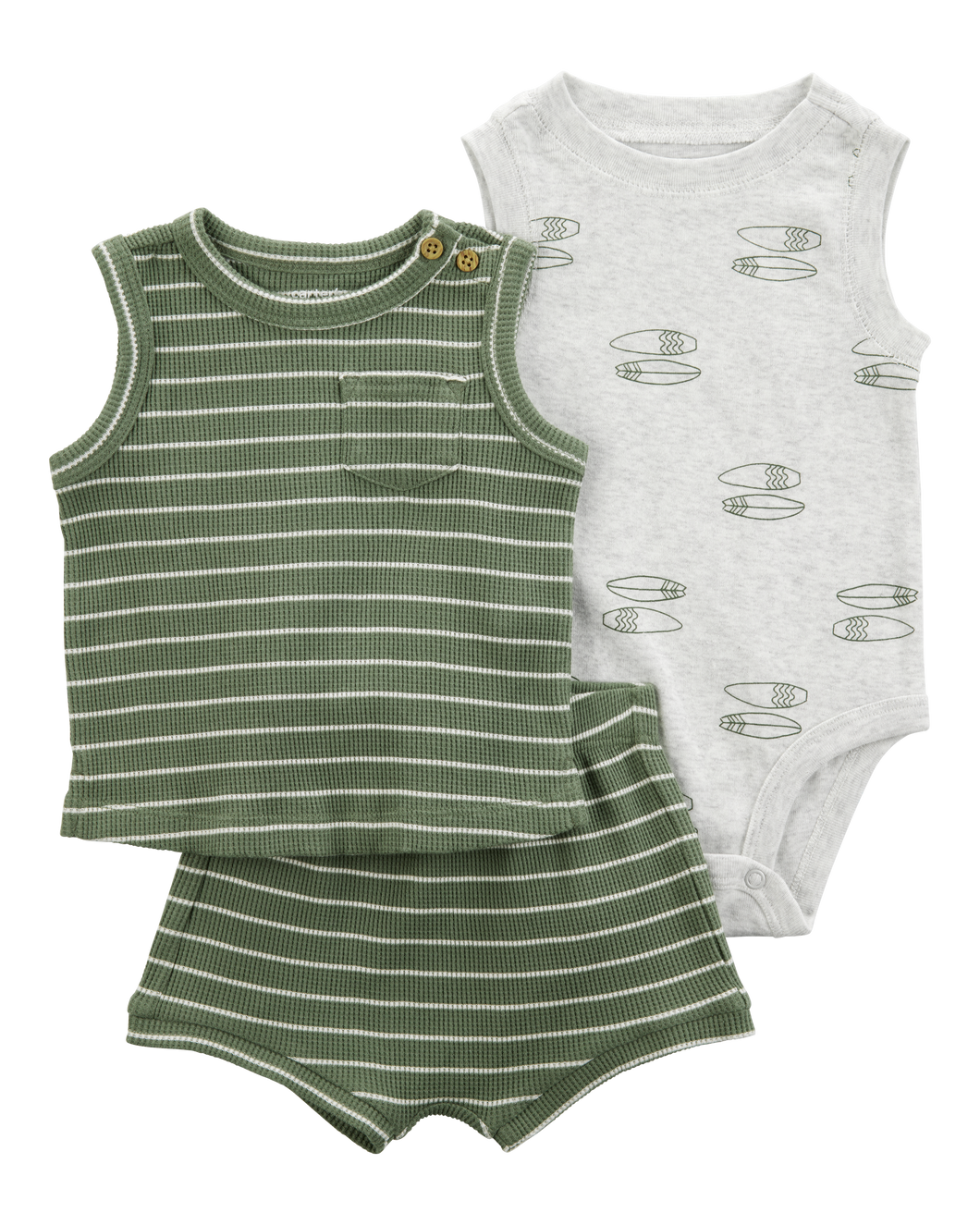Carter's 3pc Baby Boy Green Tank, Grey Bodysuit and Green Shorts Set