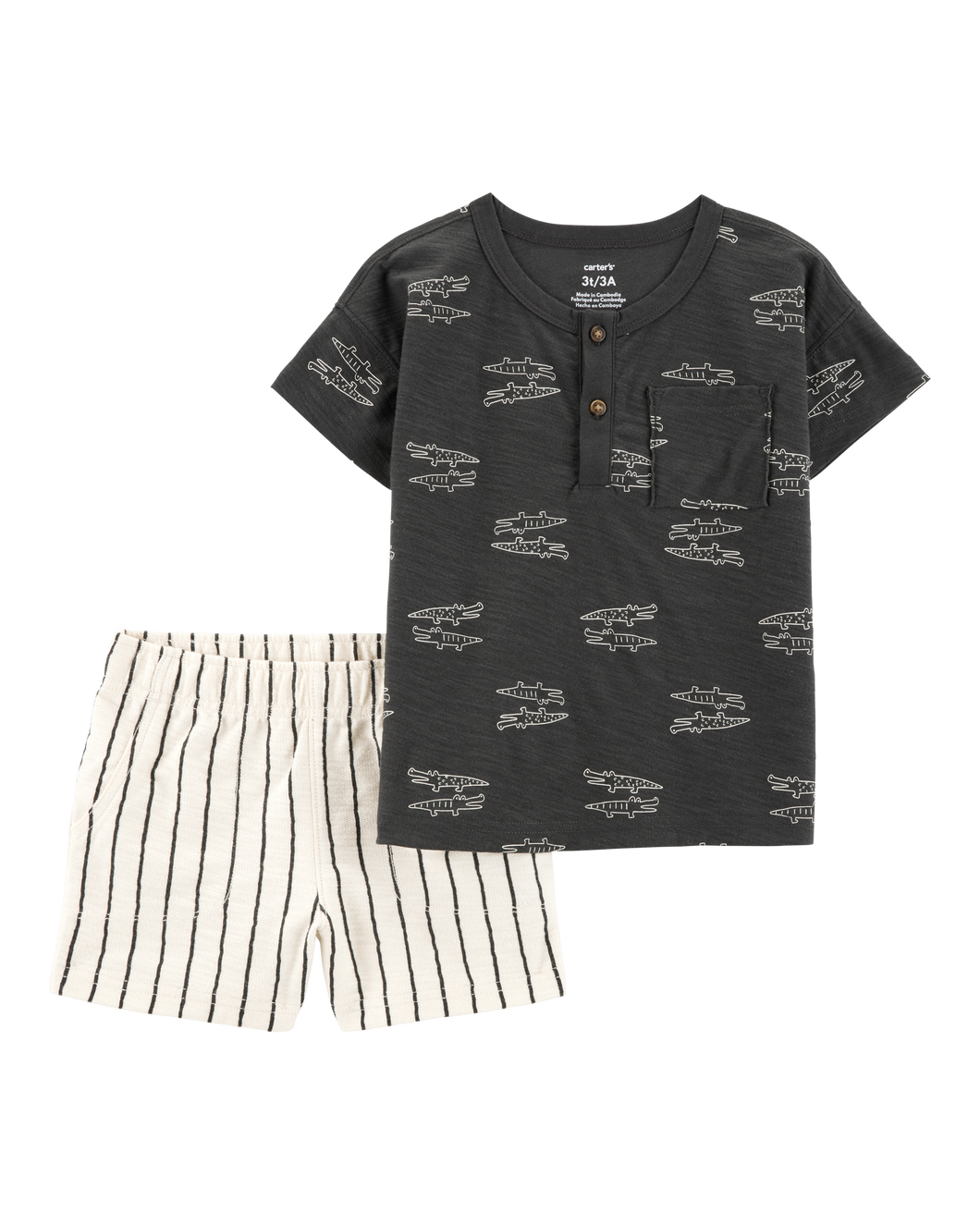 Carter's 2pc Baby Boy Black Crocodile Tee & Striped Shorts Set