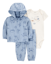 Load image into Gallery viewer, Carter&#39;s 3pc Baby Boy Blue Animals Bodysuit, Hoodie and Pants Set
