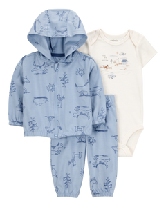 Carter's 3pc Baby Boy Blue Animals Bodysuit, Hoodie and Pants Set