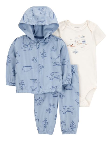 Carter's 3pc Baby Boy Blue Animals Bodysuit, Hoodie and Pants Set