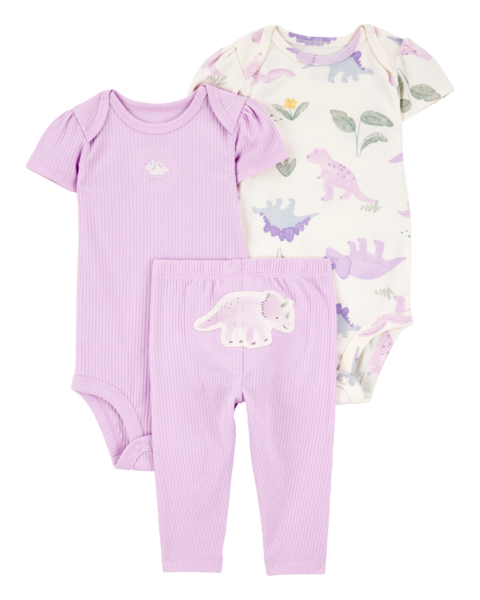 Carter's 3pc Baby Girl Purple Dino Bodysuits and Purple Pants Set