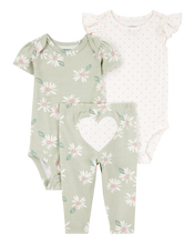 Cargar imagen en el visor de la galería, Carter&#39;s 3pc Baby Girl Green Floral Bodysuits and Pants Set
