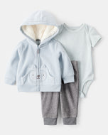 Carter's 3pc Baby Boy Blue Wolf Hoodie, Striped Bodysuit and Grey Pants Set