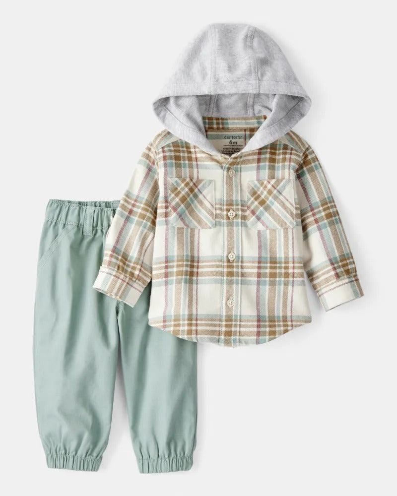 Carter's 2pc Baby BoyPlaid Hoodie Shirt & Pants Set