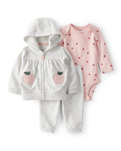 Carter's 3pc Baby Girl Pink Apple Print Bodysuit, Grey Hoodie and Pants Set
