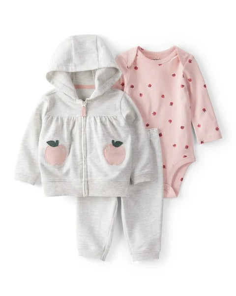 Carter's 3pc Baby Girl Pink Apple Print Bodysuit, Grey Hoodie and Pants Set