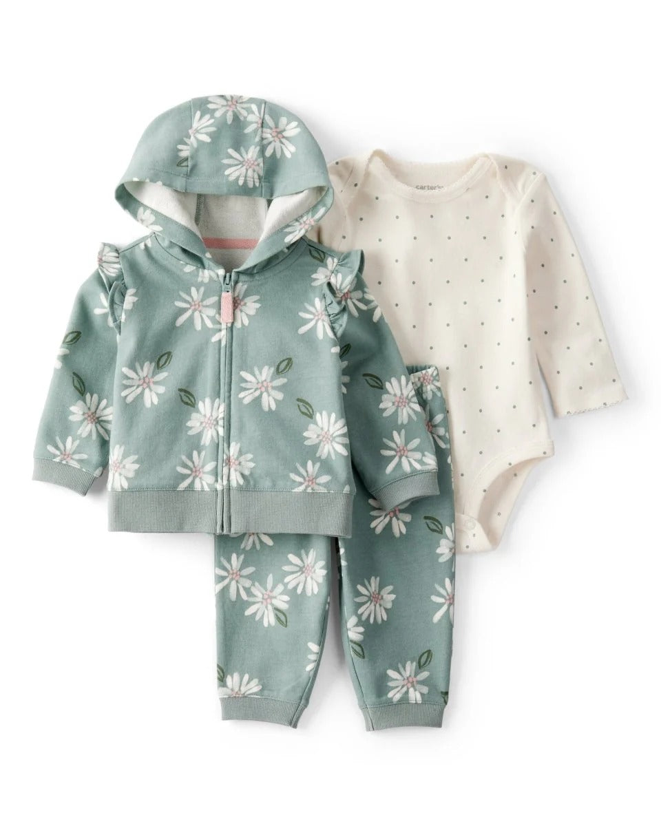 Carter's 3pc Baby Girl Sage Floral Bodysuit, Hoodie and Pants Set