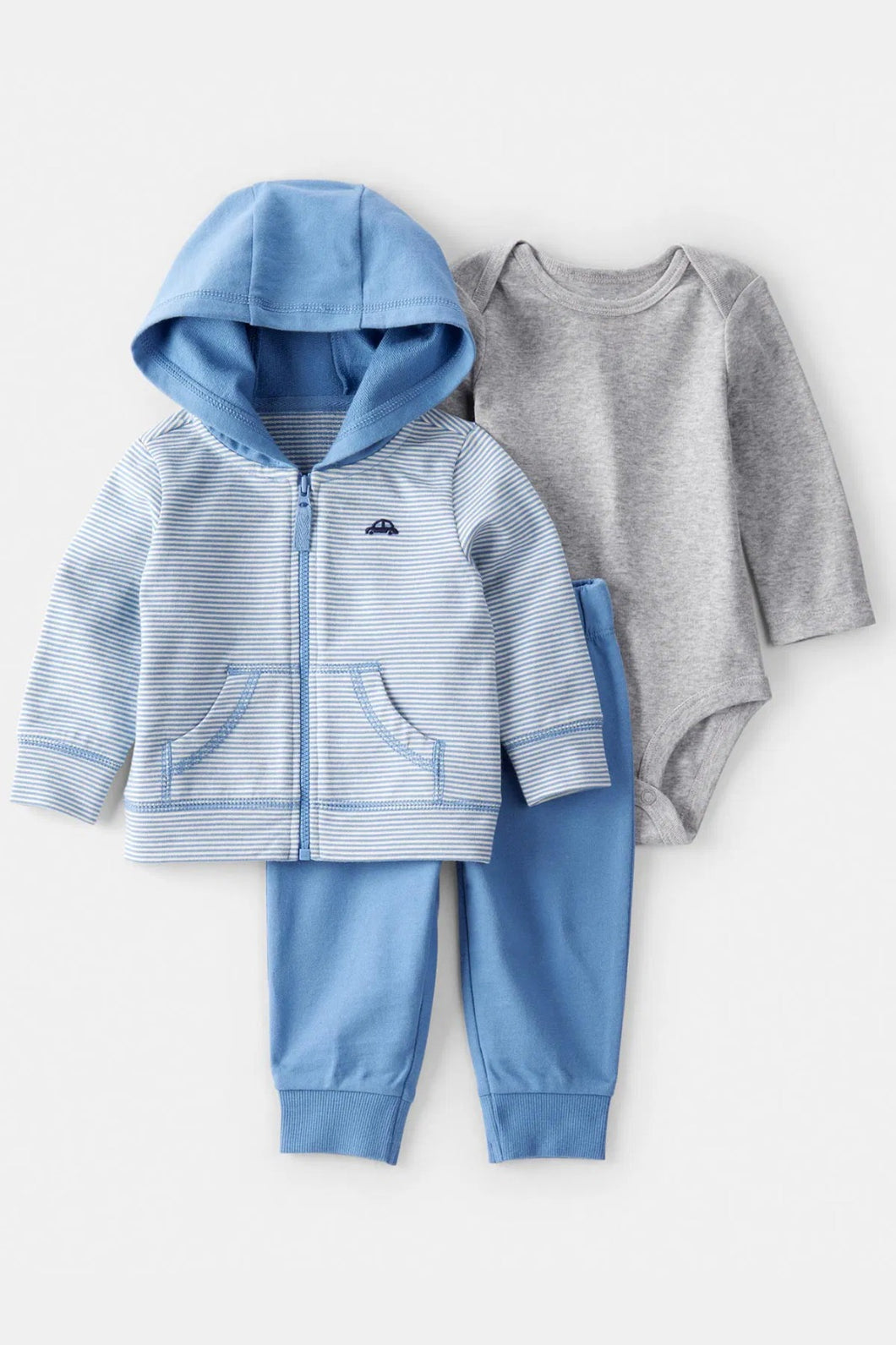 Carter's 3pc Baby Boy Blue Striped Hoodie, Grey Bodysuit & Blue Pants Set