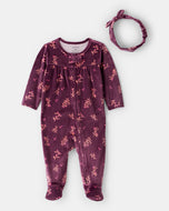 Carter's 2pc Baby Girl Purple Floral 2-Way Zip-Up With Headband Footie Coverall