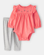 Carter's 2pc Baby Girl Pink Cherry Long-Sleeve Bodysuit and Grey Pants Set