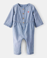 Carter's Baby Girl Heart Chambray Long-Sleeve Blue Denim Jumpsuit