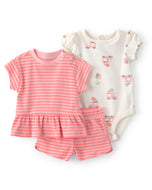 Carter's 3pc Baby Girl Ice Cream Print Bodysuit, Pink Top & Shorts Set