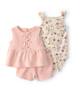 Carter's 3pc Baby Girl Pink Floral Knit Bodysuit, Top & Short Set