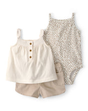 Load image into Gallery viewer, Carter's 3pc Baby Girl Cheetah Bodysuit, Ivory Top &amp; Shorts Set
