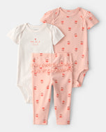 Carter's 3pc Baby Girl Peach Flower Bodysuits and Purple Pants Set