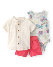 Load image into Gallery viewer, Carter's 3pc Baby Boy Ivory Shirt, Tropical Print Bodysuit and Orange Shorts Set
