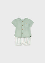 Cargar imagen en el visor de la galería, Mayoral 2pc Baby Boy Green Dressy Shirt and Green Striped Linen Short Set
