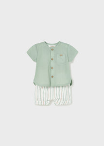 Mayoral 2pc Baby Boy Green Dressy Shirt and Green Striped Linen Short Set