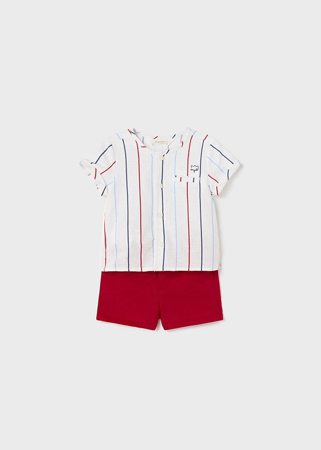 Mayoral 2pc Baby Boy White Striped Dressy Linen Shirt and Red Short Set