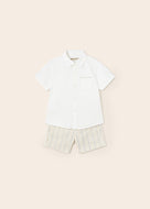 Mayoral 2pc Baby Boy White Dressy Shirt and Beige Striped Short Set
