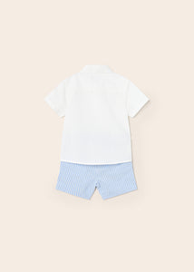 Mayoral 2pc Baby Boy White Dressy Shirt and Blue Striped Short Set